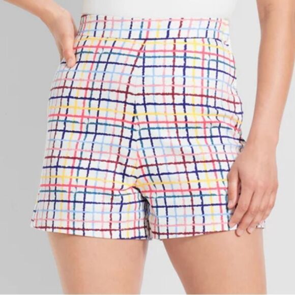 Modcloth High Waist Party Streamers Shorts Blue Pink Rainbow Plaid 12 NWT - Picture 1 of 12
